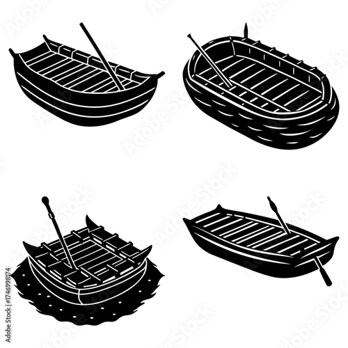 Illustration of four different rowboats with oars in a black and white graphic design style art work