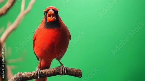 Vibrant cardinal perched on branch against green backdrop