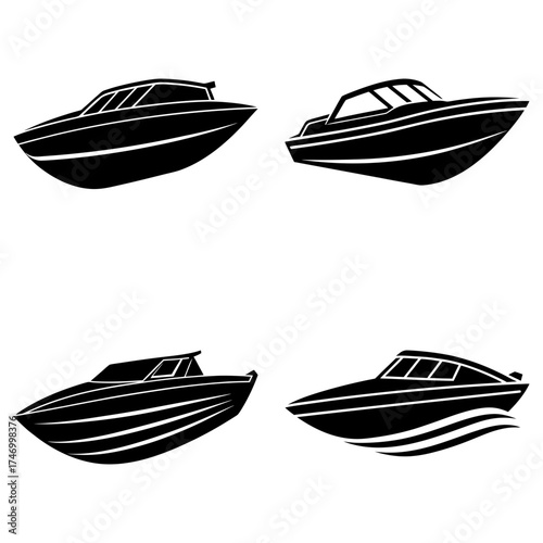 Four different boat silhouettes with varying cabin and hull designs on a white background layout image