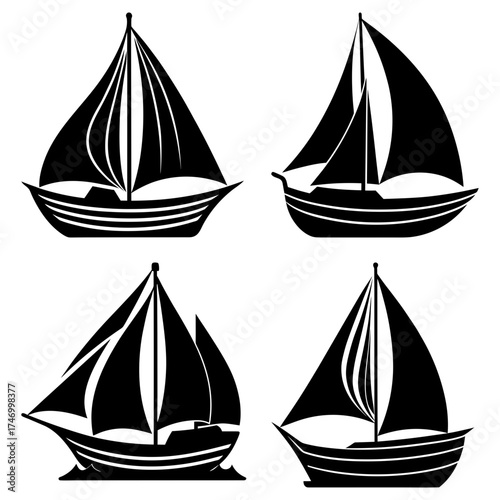 Four black silhouette sailboat illustrations with varying sail configurations and hull designs shown