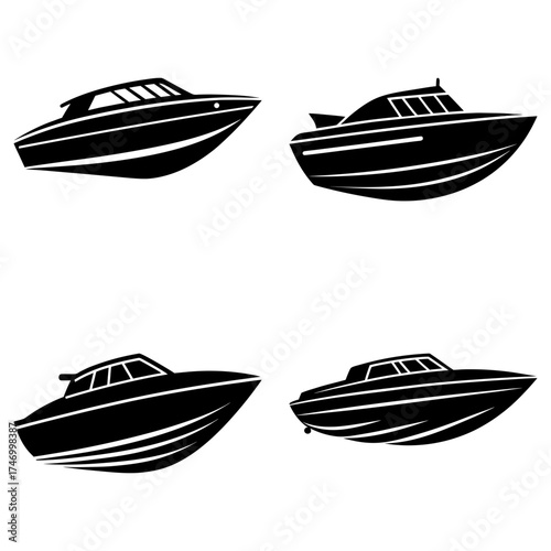 Four black silhouettes of speedboats with varying designs on a white background in a simple illustration