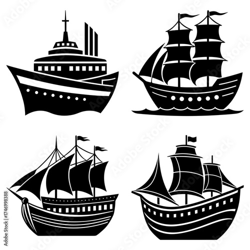 Illustration of four different types of boats including a cruise ship and sailing vessels on white background