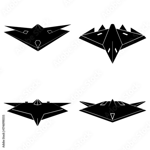 Four stealth bomber illustrations in black color, showing different angles and perspectives of the aircraft
