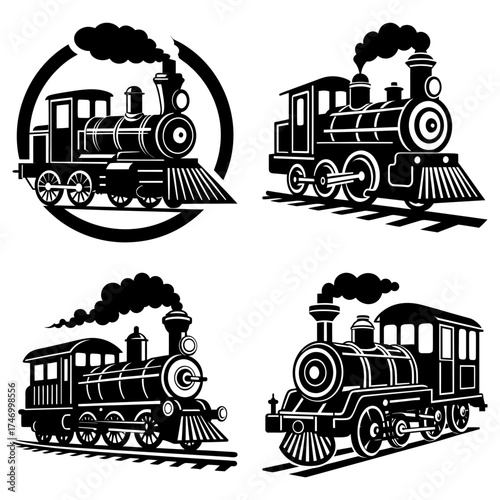 Collection of four black and white vintage steam train locomotive engine illustrations with smoke plumes