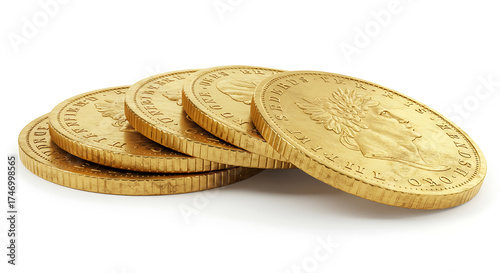 Pile of gold coins with intricate detailing on white background