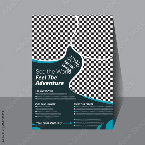 Modern travel agency flyer featuring scenic landscapes, flight icons, and vacation offers. Perfect for promoting tours, holiday packages, and travel destinations.