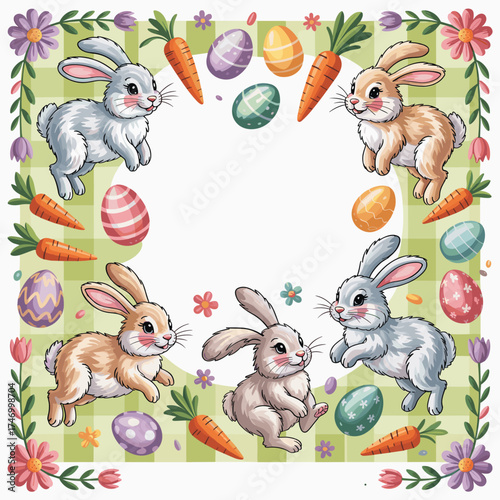 Happy Easter illustration with bunnies, carrots and eggs in a frame