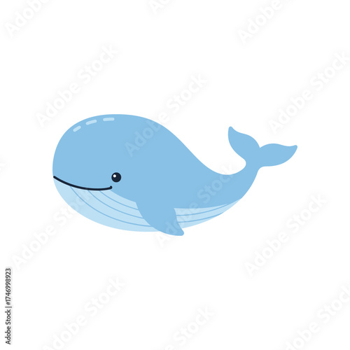 Adorable cartoon blue whale with a friendly smile and flippers swimming in the ocean on a white background