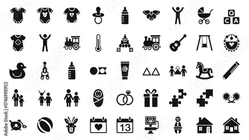 Minimalist Black and White Vector Grid of Baby Icons Including Clothes, Toys, Family, and Care Items in Flat Modern Design