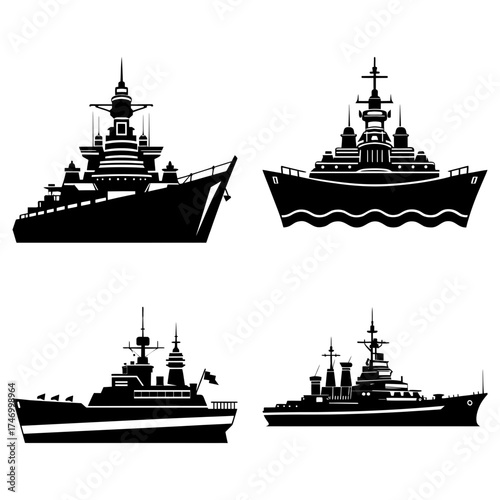 Four black silhouette illustrations of warships with detailed superstructures and varying hull designs shown