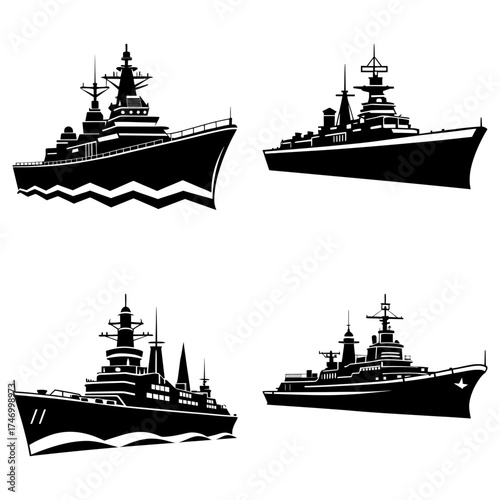 Four silhouettes of warships with detailed superstructures and hulls on a white background image view