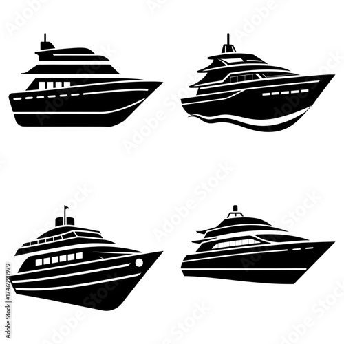 Four black and white silhouette illustrations of different types of luxury yachts on a white background
