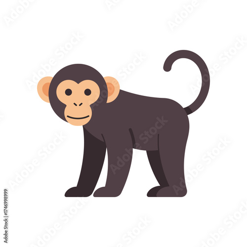 Cute cartoon monkey with dark fur and a long curved tail standing on a white background in a playful pose