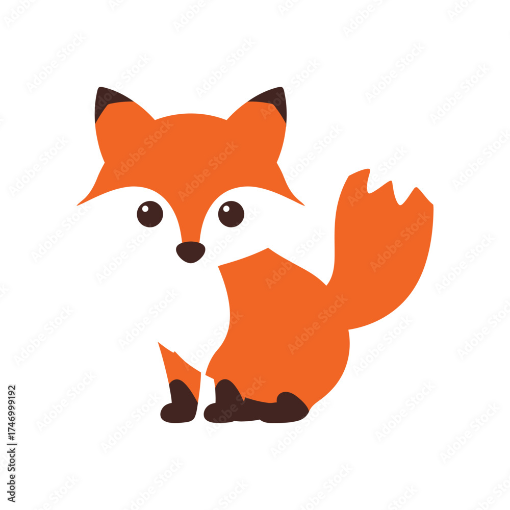 Obraz premium Adorable cartoon fox sitting with fluffy tail and big eyes cute woodland animal illustration for childrens designs