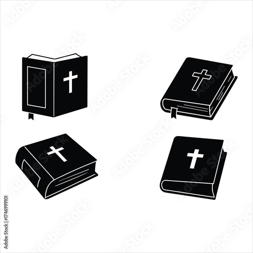 Set of four religious christian holy bible books open and closed cross symbol
