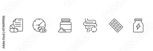 Supplement line icons. Contains icons related to Vitamins and Nutritional Supplements. Vector illustration.