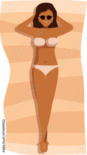 Woman enjoying summer sunbathing on beach towel, wearing sunglasses and bikini, promoting relaxation and vacation vibes