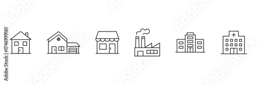 Building and real estate line icons. Includes house, home, office, factory, hospital, bank, store, bridge, barn. Vector illustration.