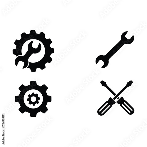 Set of four black icons representing tools and gears symbolizing mechanics repair and construction concepts