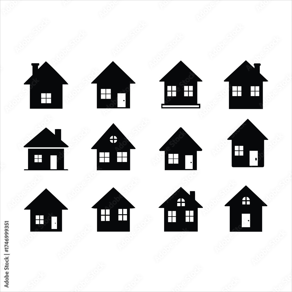 Fototapeta premium Collection of silhouette houses diverse architectural styles for real estate and property icons