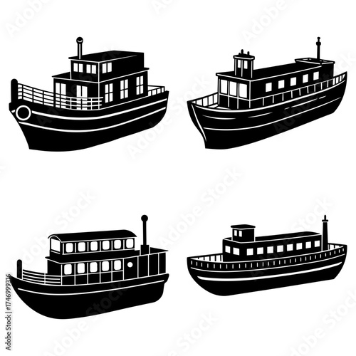 Illustration of four different boat types with varying cabin and hull designs in black silhouette style