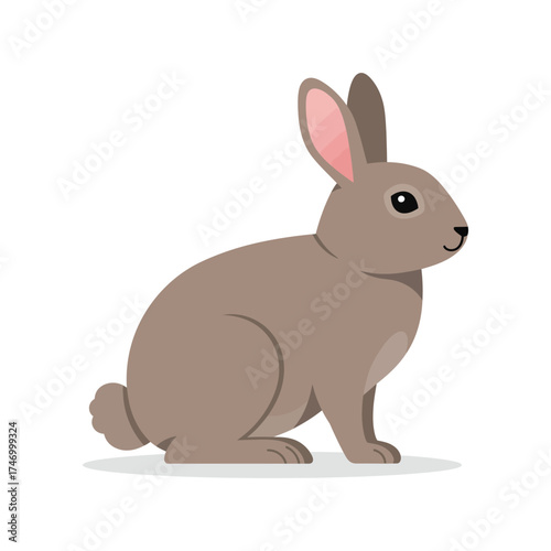 A cute brown rabbit with long ears and pink inner ears sitting attentively on a white background illustration