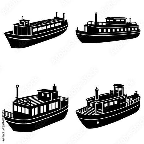 Silhouette illustration showcasing four distinct boat designs with varied cabin structures and details