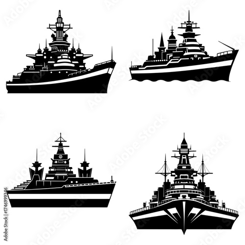 Four silhouette illustrations of battleships with detailed superstructures and sharp angular design elements