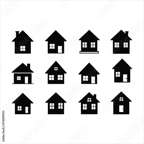 Collection of silhouette houses diverse architectural styles for real estate and property icons