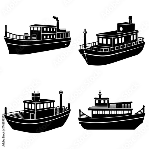 Four different black and white silhouette illustrations of various types of boats on a white background