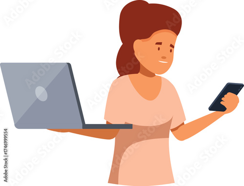 Businesswoman holding laptop and using smartphone, demonstrating multitasking and efficiency in modern workplace