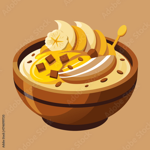 Banana Dessert Bowl — Sweet Healthy Food with Honey and Chocolate Vector Illustration