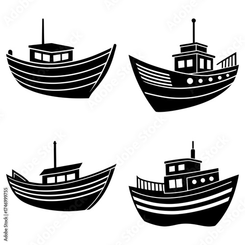 Four black and white boat illustrations with cabins and striped hull designs in varying perspectives