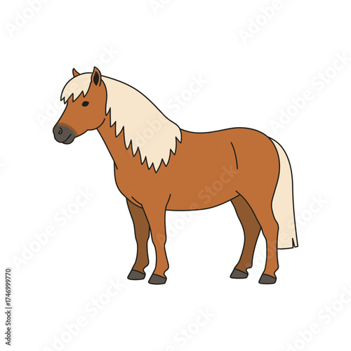 A charming cartoon illustration of a chestnut colored horse with a flowing blonde mane and tail standing proudly on a white background