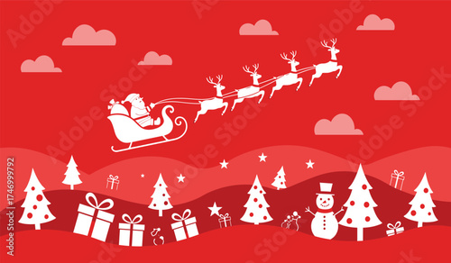 Whimsical santa claus sleigh ride with reindeer above snowy christmas trees gift boxes and snowman vibrant red holiday scene isolated on white background