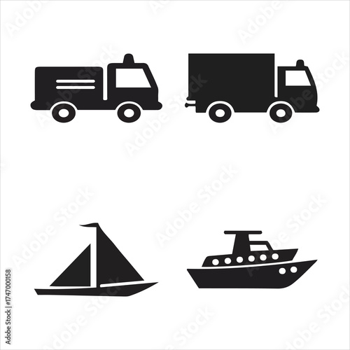 Collection of silhouette icons featuring various transportation vehicles for business and commercial use