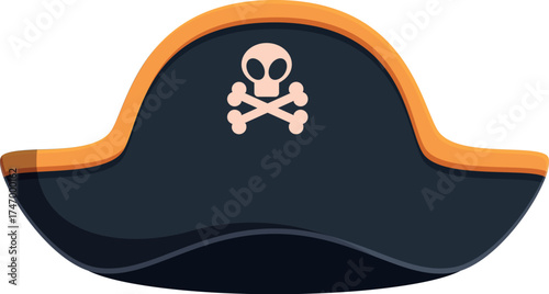 Black pirate tricorn hat showing skull and crossbones jolly roger symbol