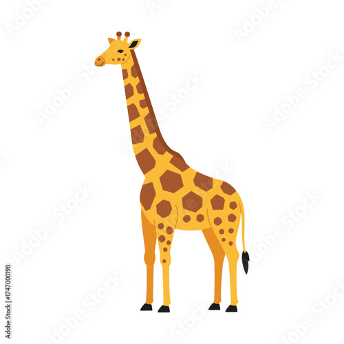 A charming cartoon illustration of a tall giraffe with distinctive brown spots standing gracefully against a clean white background