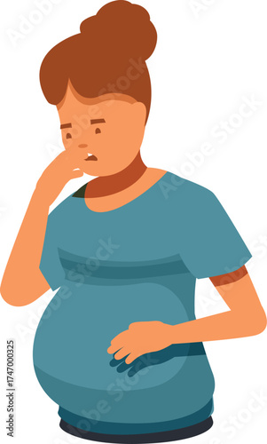 Pregnant woman feeling worried and anxious, touching her belly and mouth with her hand