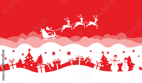 Santa's sleigh soaring over snowy village with festive decorations and christmas trees under a red sky isolated on white background