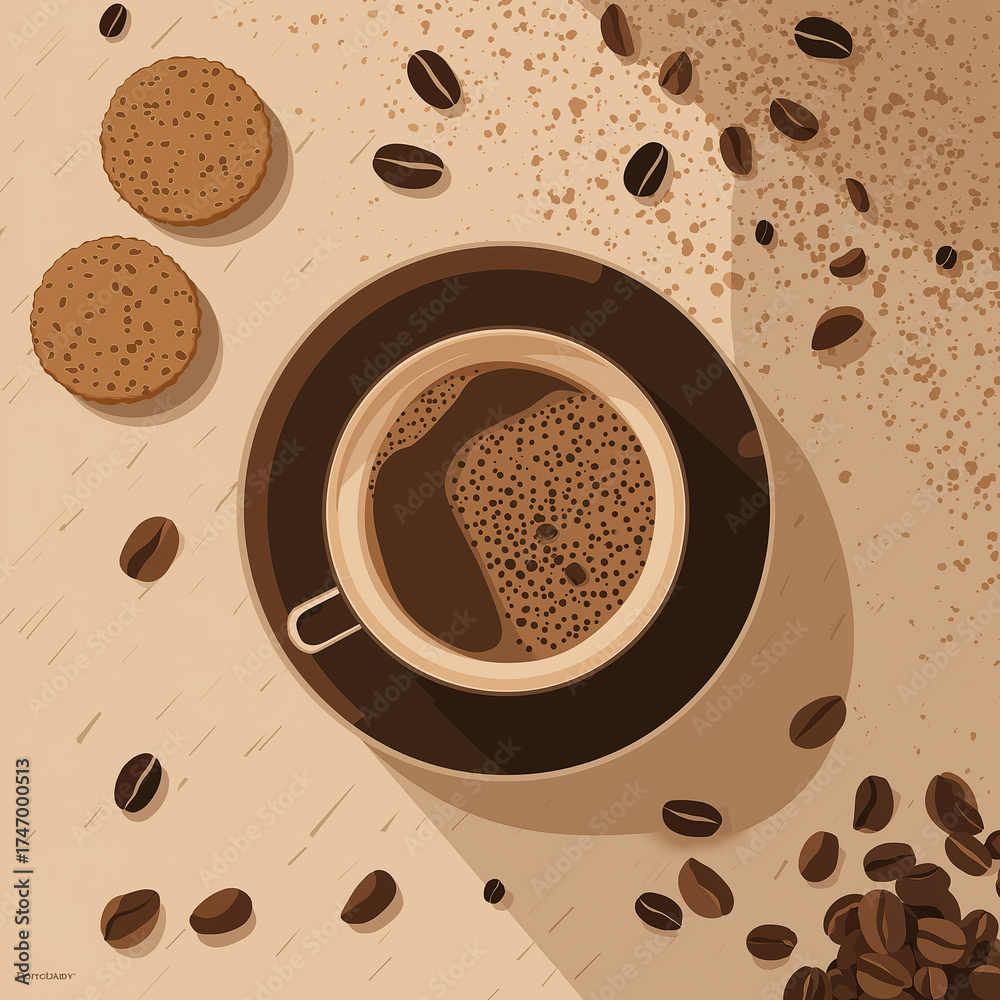 Obraz premium Coffee cup with cookies and coffee beans on wooden table 