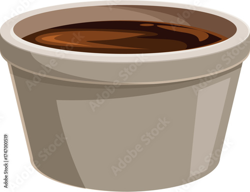 Disposable plastic container holding brown dipping sauce, ideal for fast food restaurants or takeaway