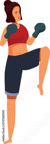 Confident female boxer practicing punches and kicks during intense workout session, showcasing strength and agility in martial arts training