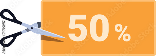 Scissors cutting a coupon with a fifty percent discount, representing price reduction and promotional offers