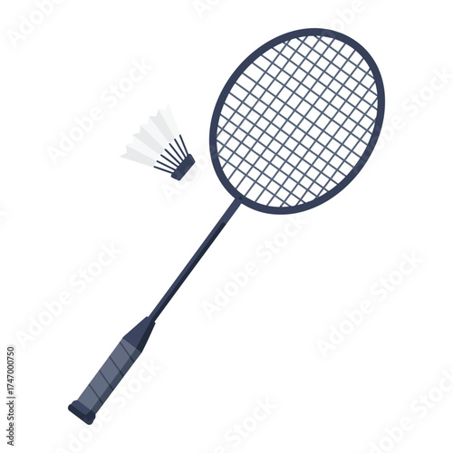 A black badminton racket and a white shuttlecock isolated on a clean white background ready for play