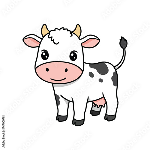 Adorable cartoon cow with big eyes and pink nose standing on a white background a cute farm animal illustration
