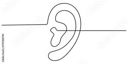 Ear continuous one line drawing and isolated continuous outline vector illustration