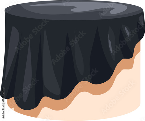 Round table covered with a black tablecloth reaching the floor, creating an elegant and mysterious atmosphere