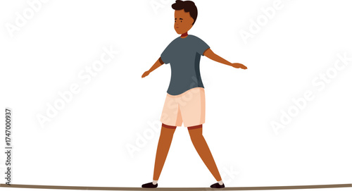 Young man carefully balancing and maintaining equilibrium while walking along a tightrope, concept of risk taking and challenge