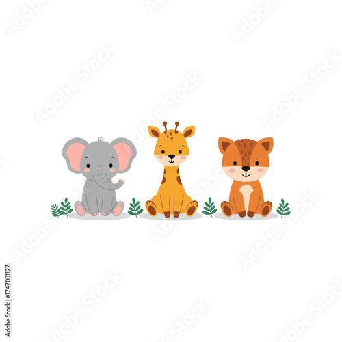 Three adorable cartoon baby animals including an elephant giraffe and fox sitting together in a forest setting